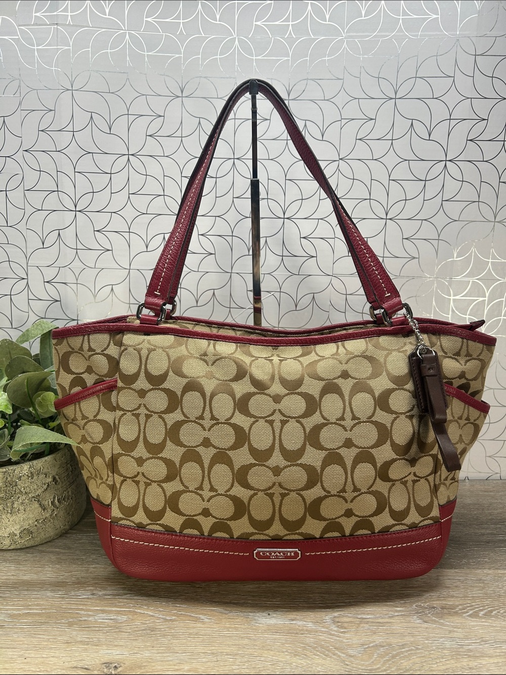Coach Signature Canvas Tote with Red Leather Trim